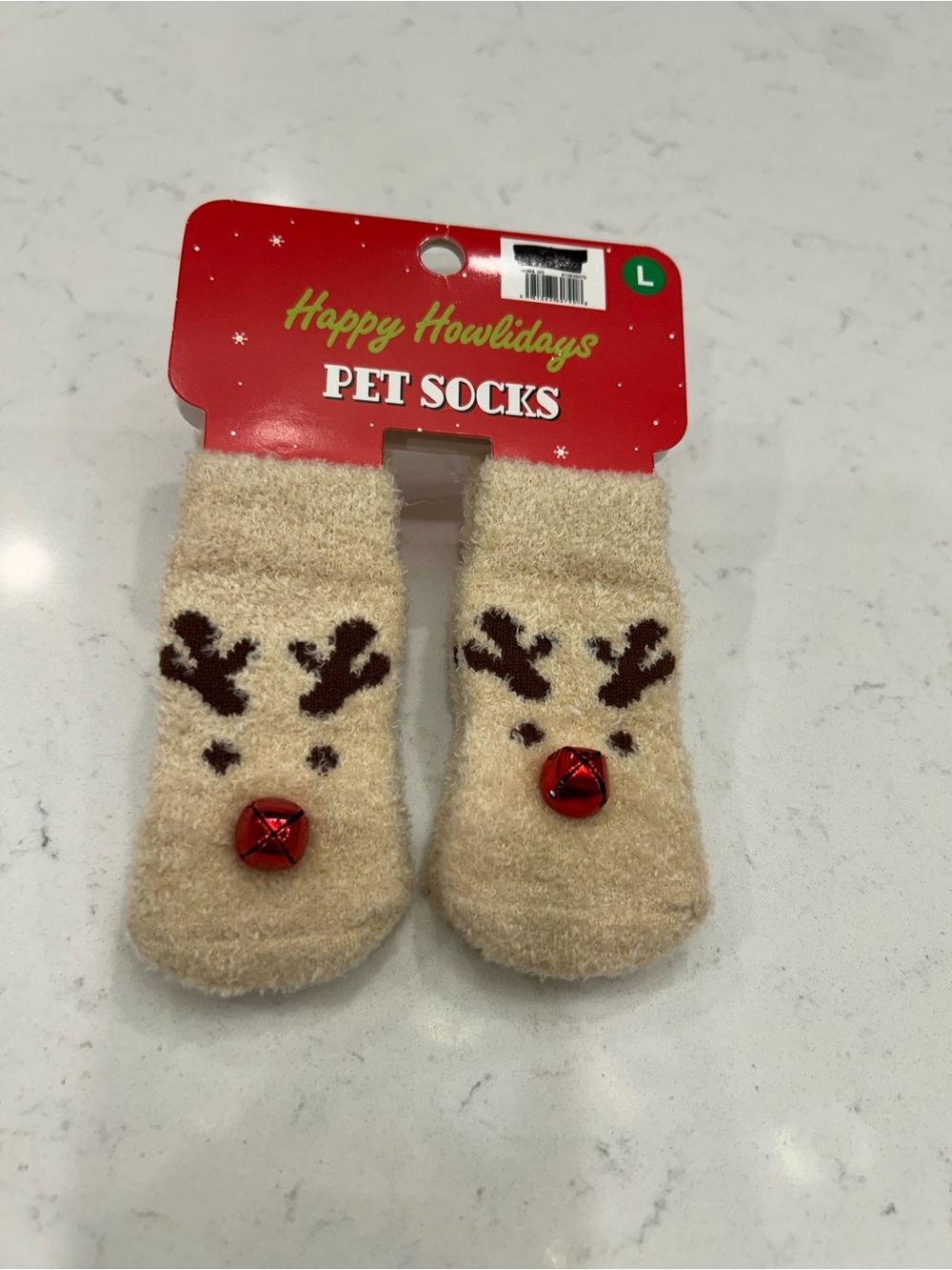 Beige Reindeer Pet Socks with Red Bell - L